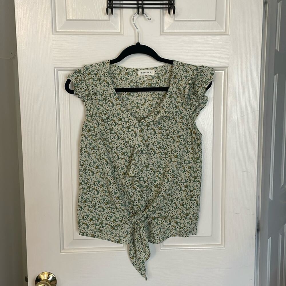 Monteau Small Womens Sleeveless Top Ruffles Green White Yellow Flower Tie Bottom
